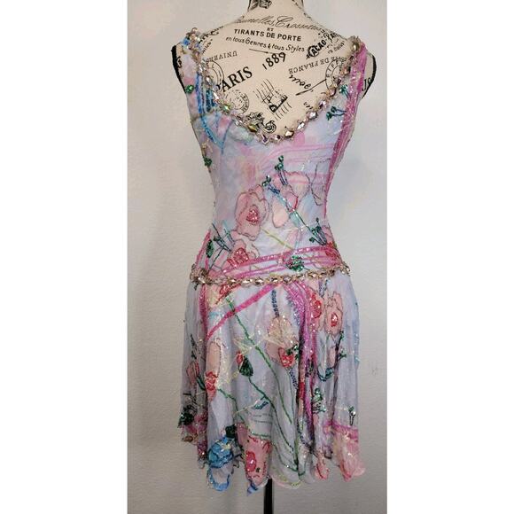 Alberto Makali Silk Beaded Sequin Mini Skater Dress US 4 Drop Waist Fairytale - Picture 5 of 12